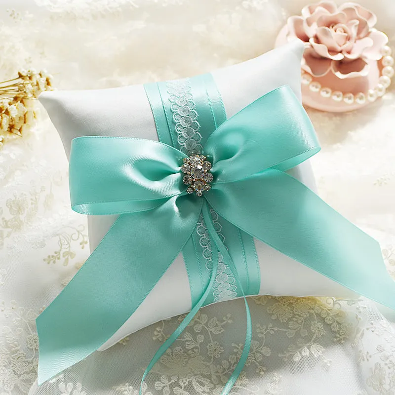 Blue Teal Bridal Ring Pillow Rhinestone and Ribbon Detail - Wedding Bridal Ring Bearer