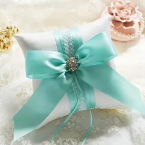 Blue Teal Bridal Ring Pillow Rhinestone and Ribbon Detail - Wedding Bridal Ring Bearer