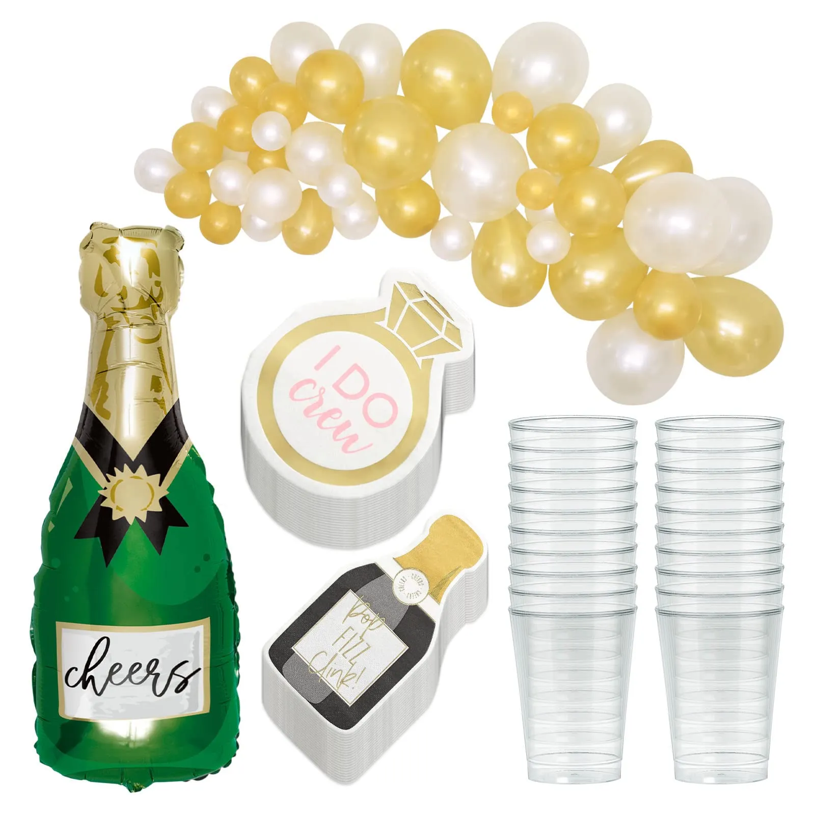 Bridal and Bachelorette Party Gold Diamond Ring & Champagne Bottle Cocktail Napkins, Clear Beverage Tumblers, and Champagne Bubble Balloon Kit (Serves 20)