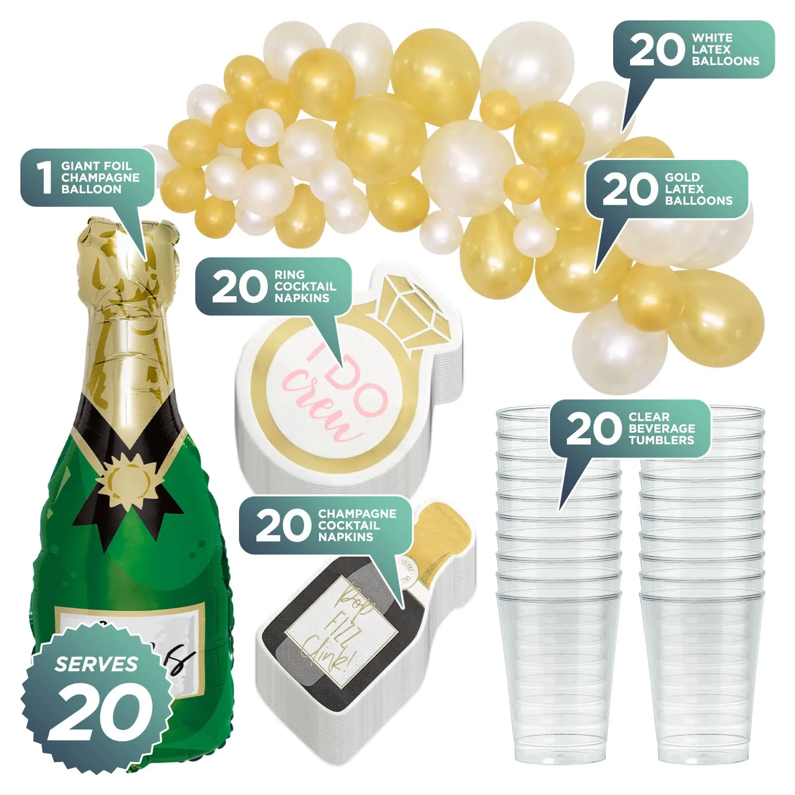 Bridal and Bachelorette Party Gold Diamond Ring & Champagne Bottle Cocktail Napkins, Clear Beverage Tumblers, and Champagne Bubble Balloon Kit (Serves 20)