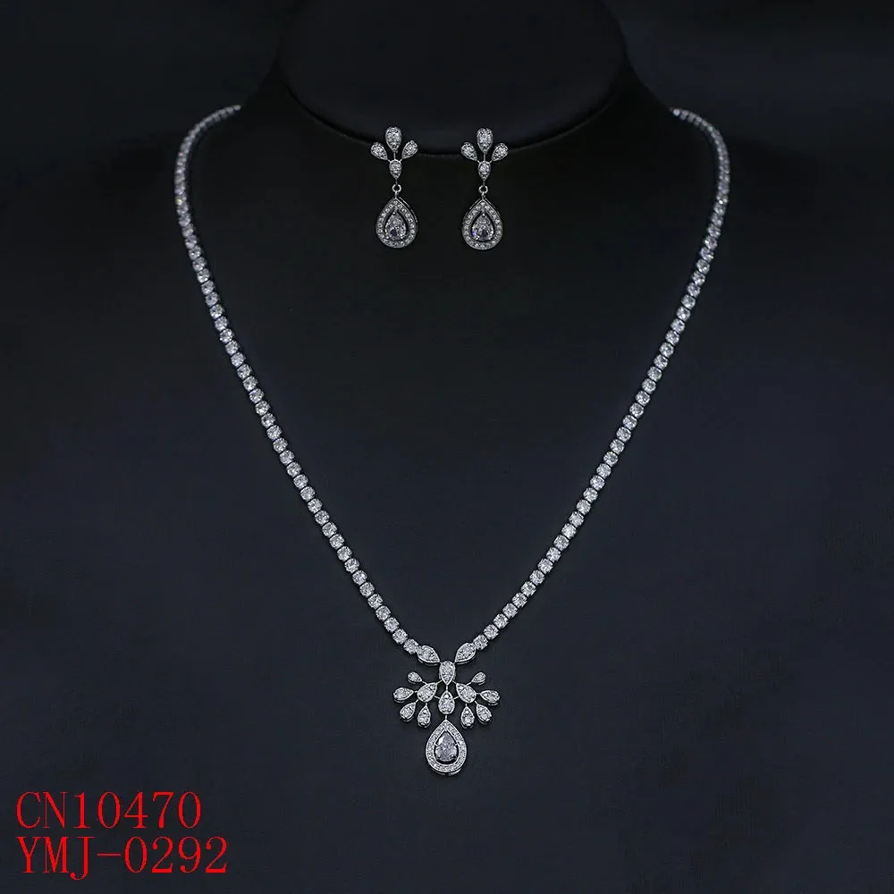 Bridal Jewelry Crystal Cubic Zirconia Flower Necklace and Earring Set, Suitable For Wedding Dinner, Girlfriend Gift, CN10470