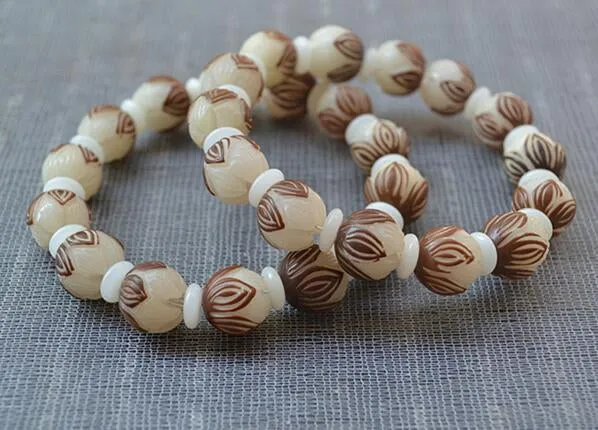 Carved Bodhi Seed Lotus Beads Bracelet