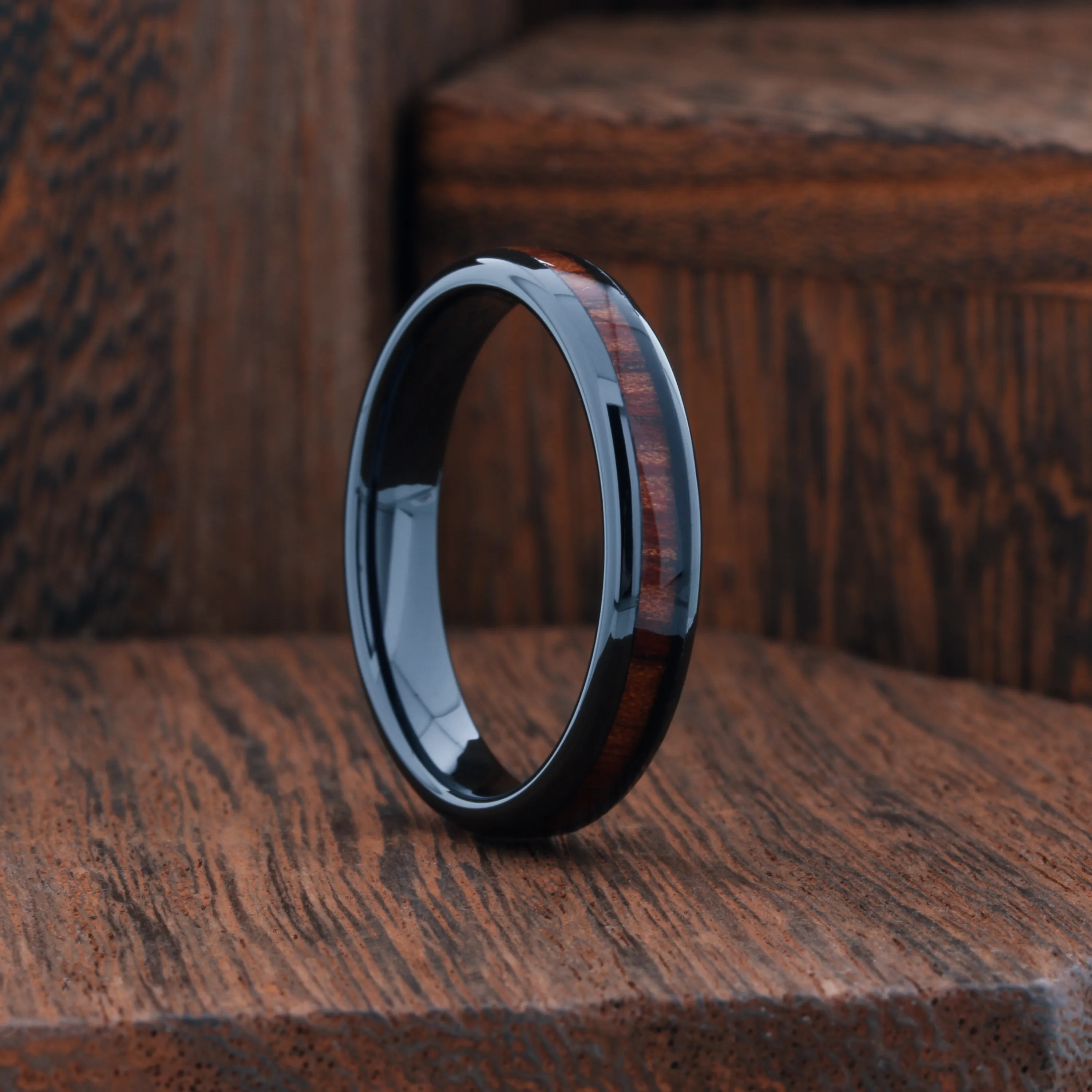Classic Black - Polished Ceramic Wooden Ring (4mm Width)