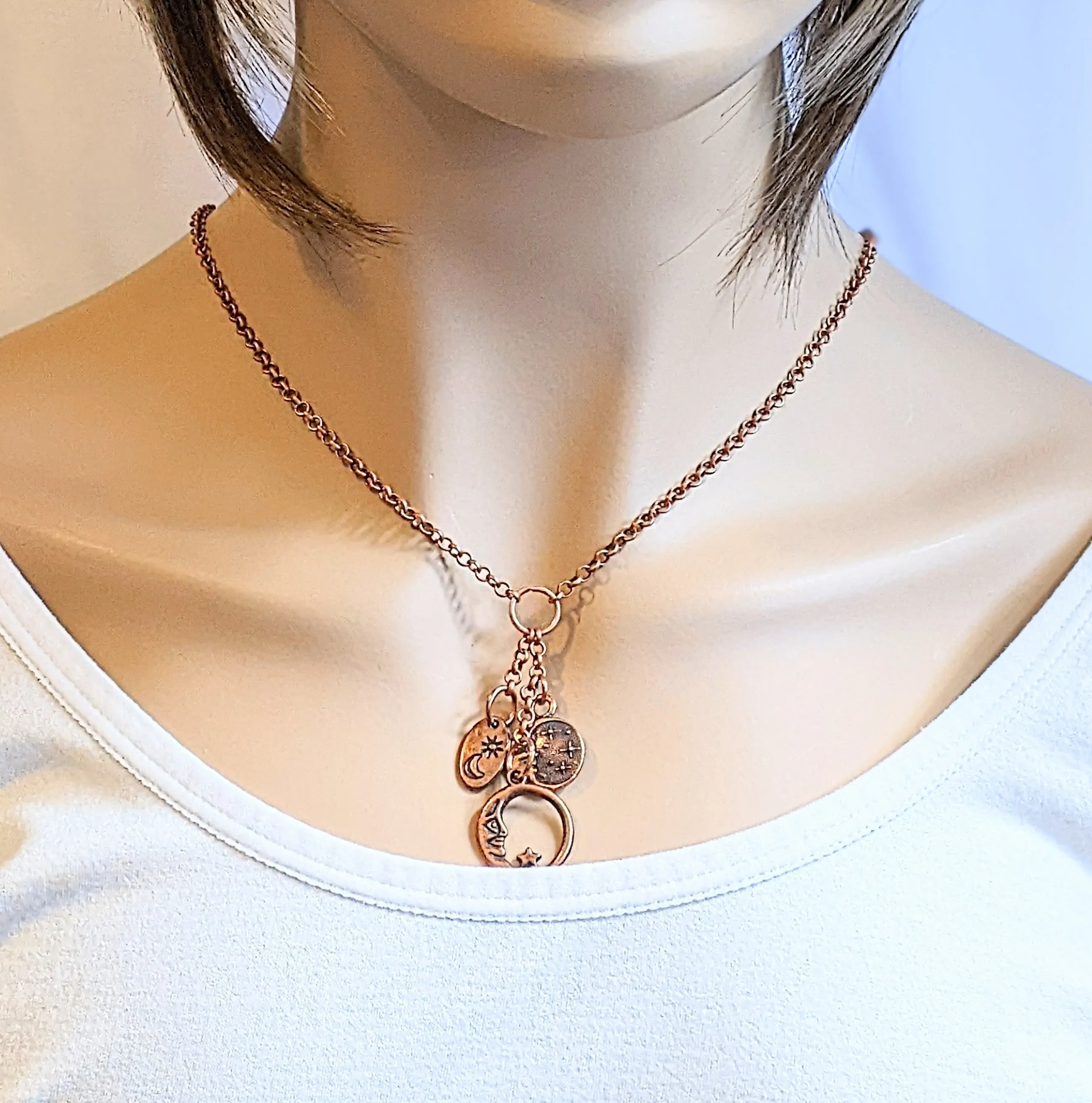 Crescent Moon Copper Charm Keeper Necklace, 18-24 inch