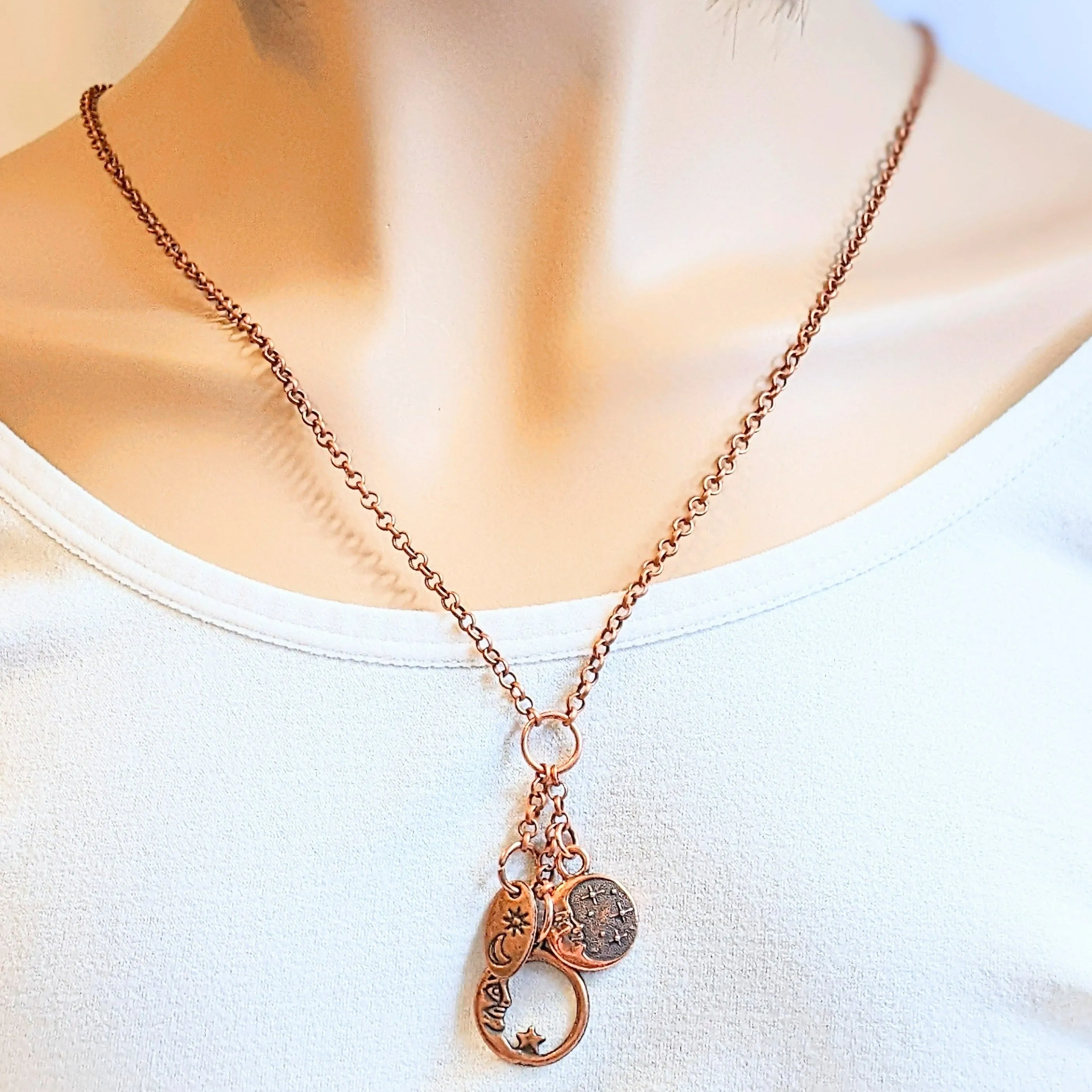 Crescent Moon Copper Charm Keeper Necklace, 18-24 inch