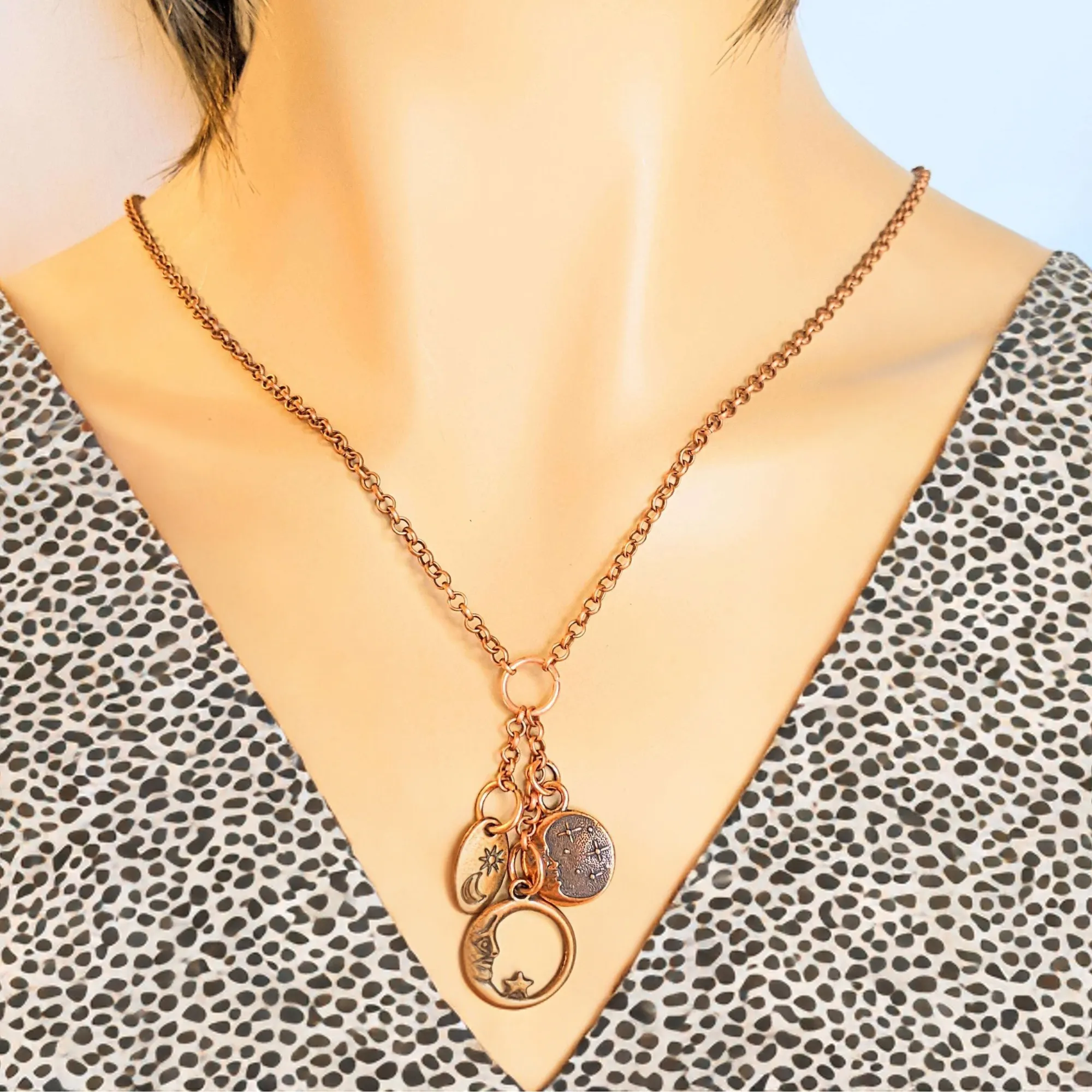 Crescent Moon Copper Charm Keeper Necklace, 18-24 inch
