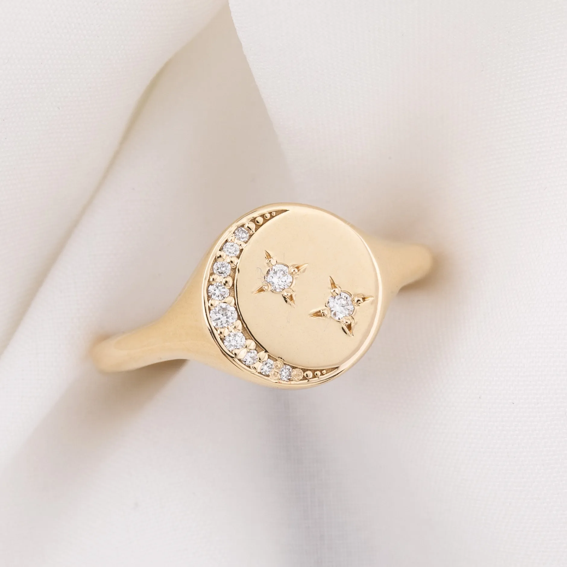 Crescent Moon Diamond Star Signet Ring