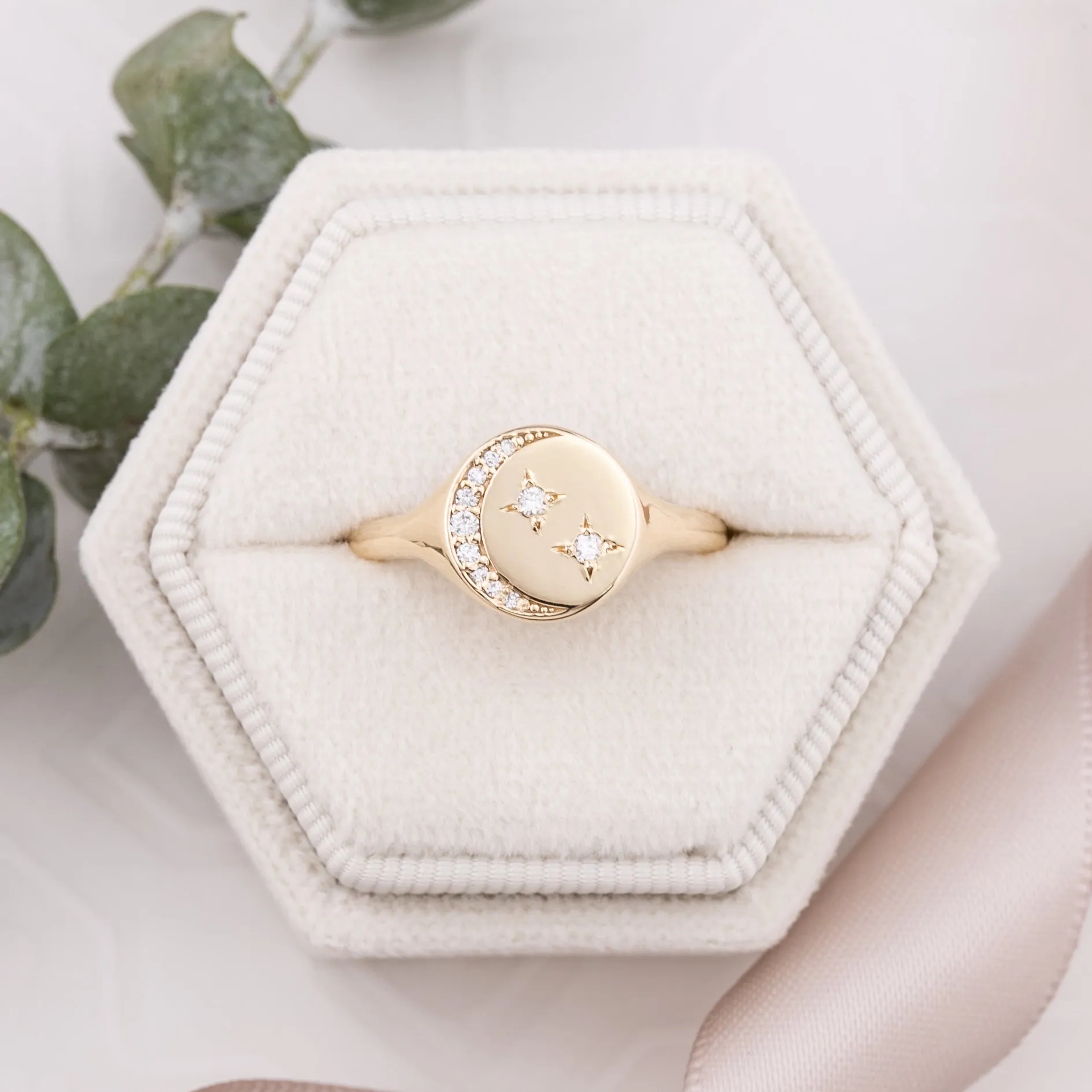 Crescent Moon Diamond Star Signet Ring