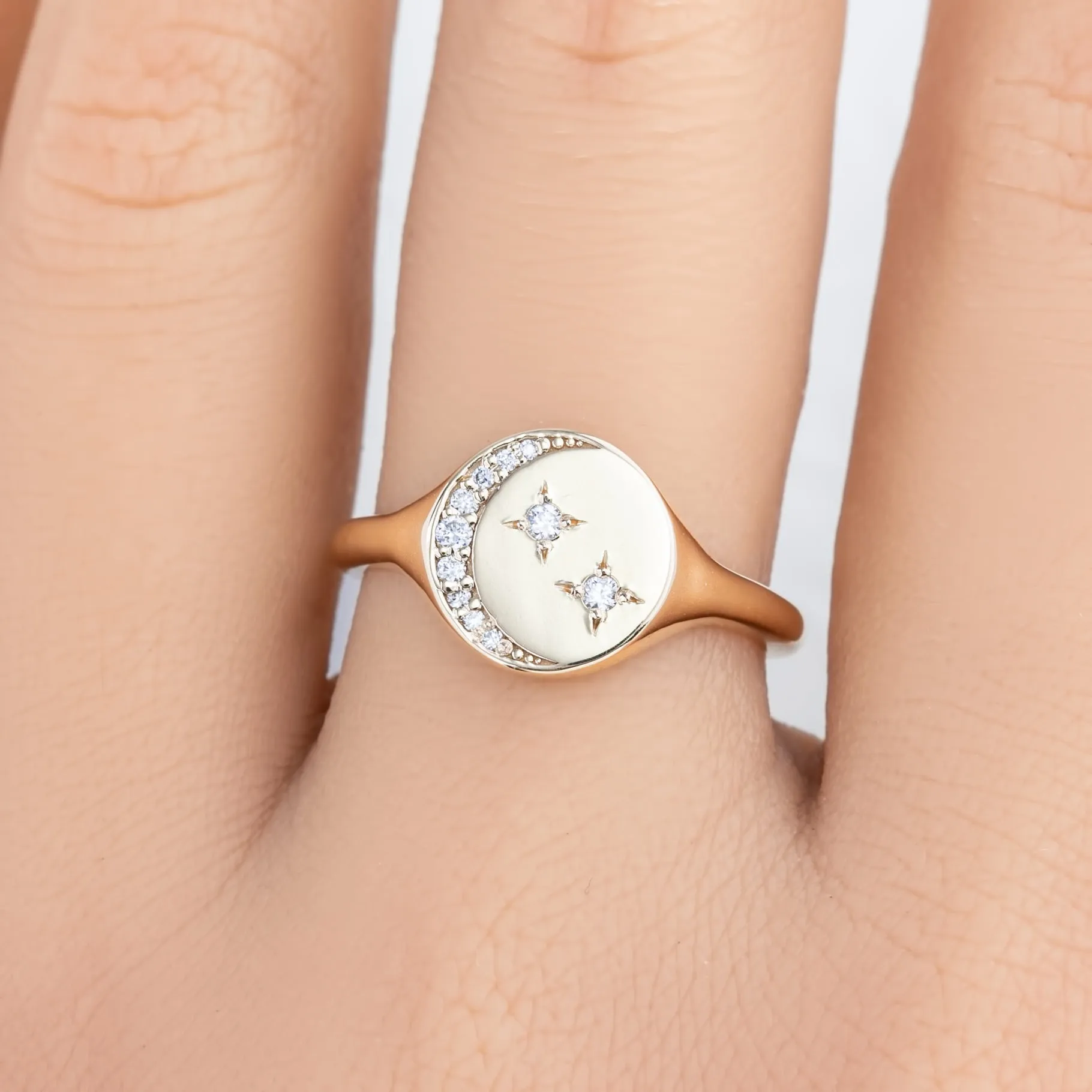 Crescent Moon Diamond Star Signet Ring