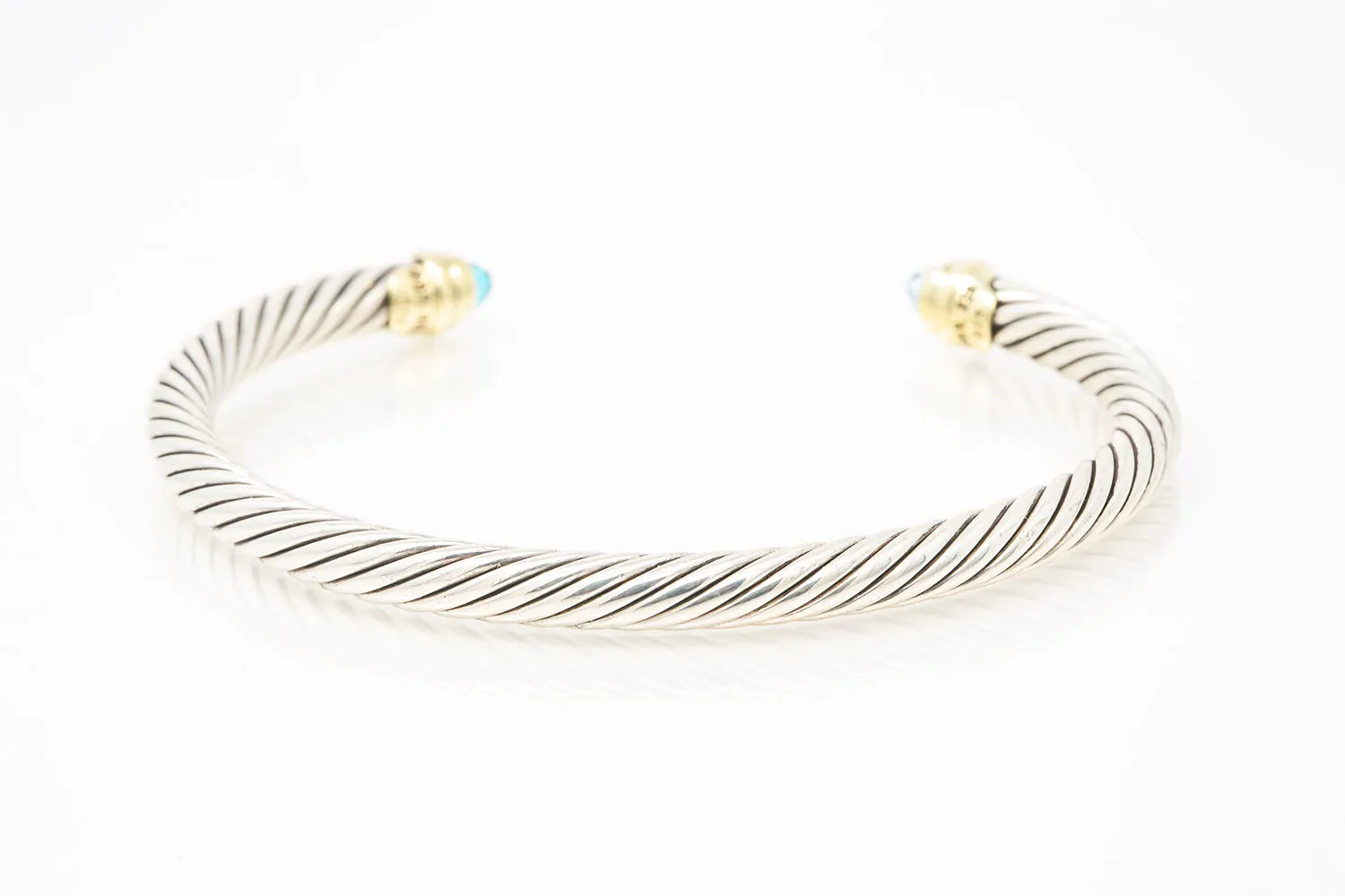 David Yurman 5mm Topaz Cable Bangle Bracelet 925 585 Sterling Silver Yellow Gold 7.5"