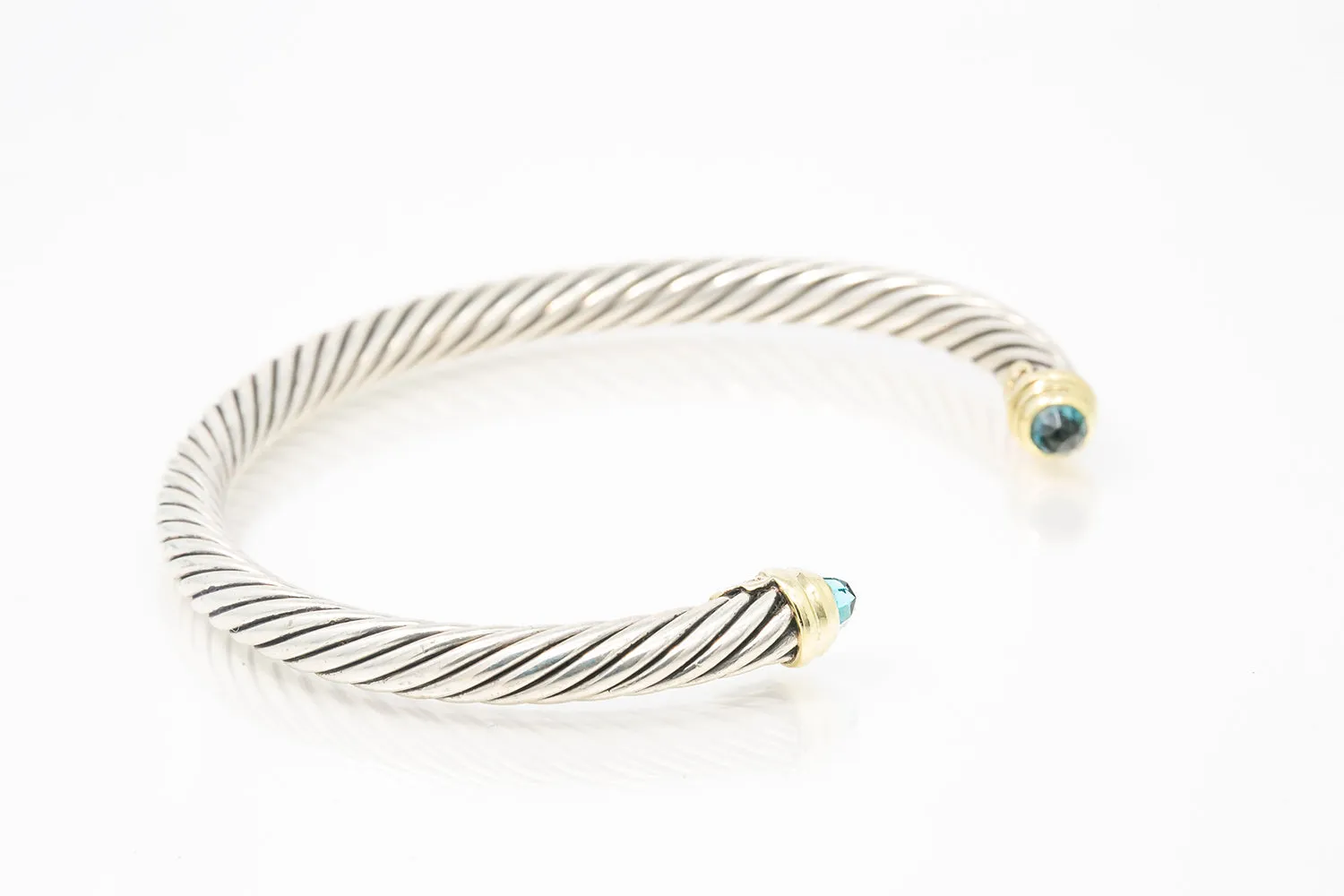 David Yurman 5mm Topaz Cable Bangle Bracelet 925 585 Sterling Silver Yellow Gold 7.5"