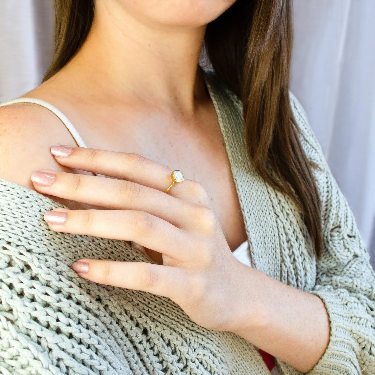 Diamond Shape Pink Chalcedony Stacking Ring • October Birthstone
