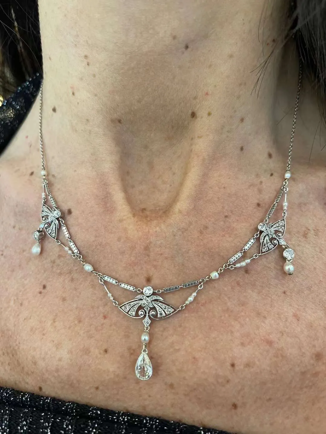 Edwardian Diamond Natural Pearls Necklace in Platinum