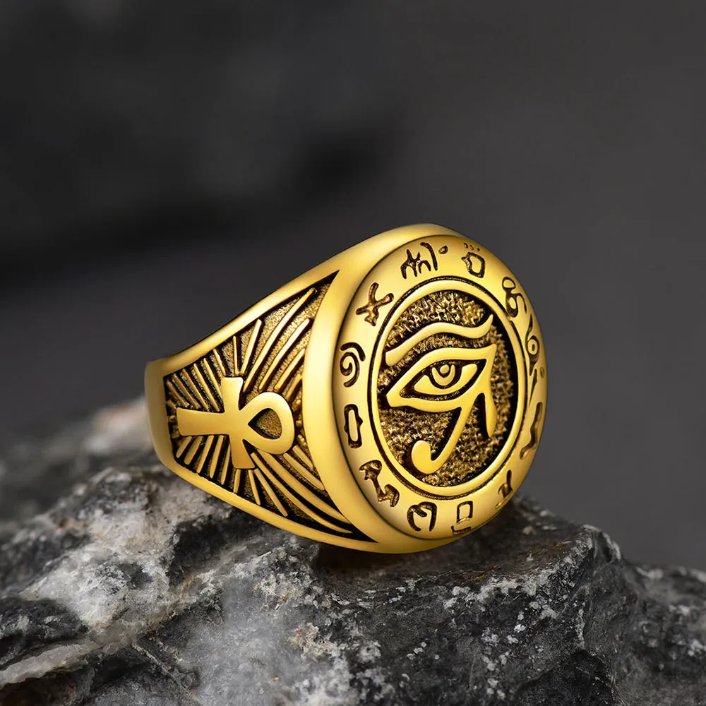 Egyptian Eye of Horus Signet Ring with Ankh Cross for Men