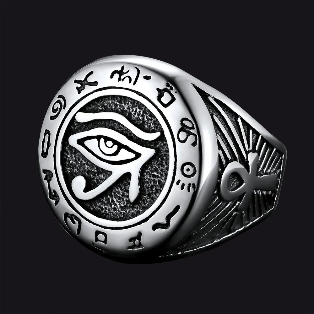 Egyptian Eye of Horus Signet Ring with Ankh Cross for Men
