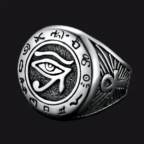 Egyptian Eye of Horus Signet Ring with Ankh Cross for Men