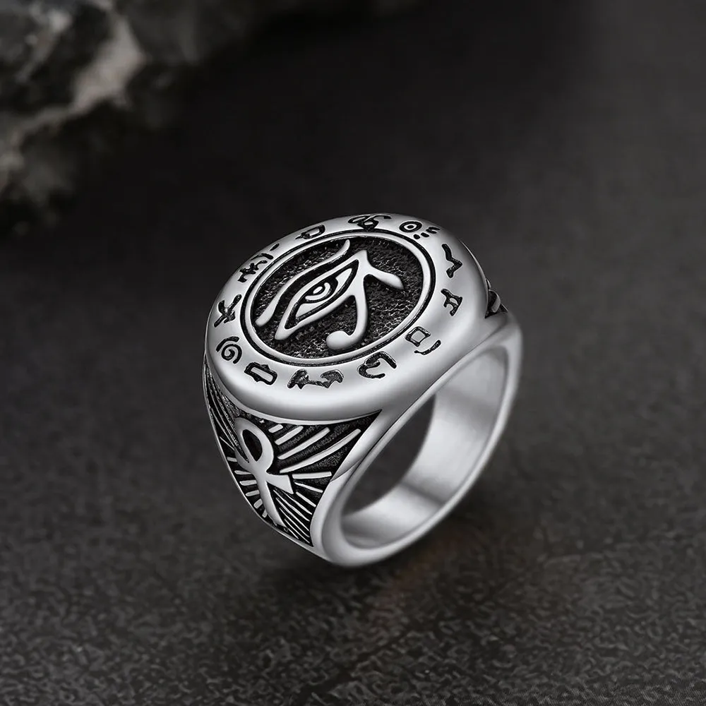 Egyptian Eye of Horus Signet Ring with Ankh Cross for Men