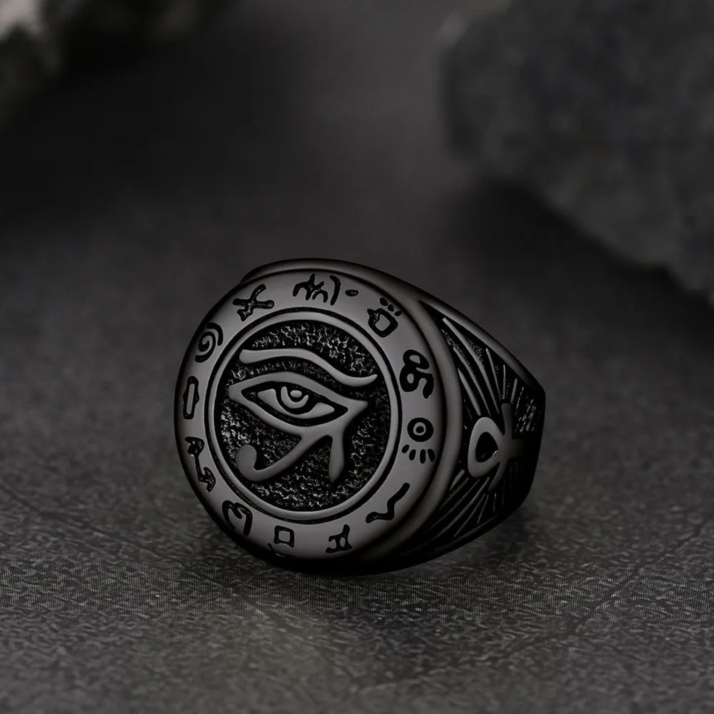 Egyptian Eye of Horus Signet Ring with Ankh Cross for Men
