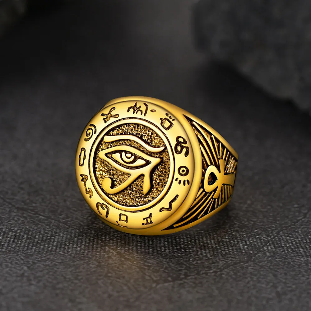 Egyptian Eye of Horus Signet Ring with Ankh Cross for Men