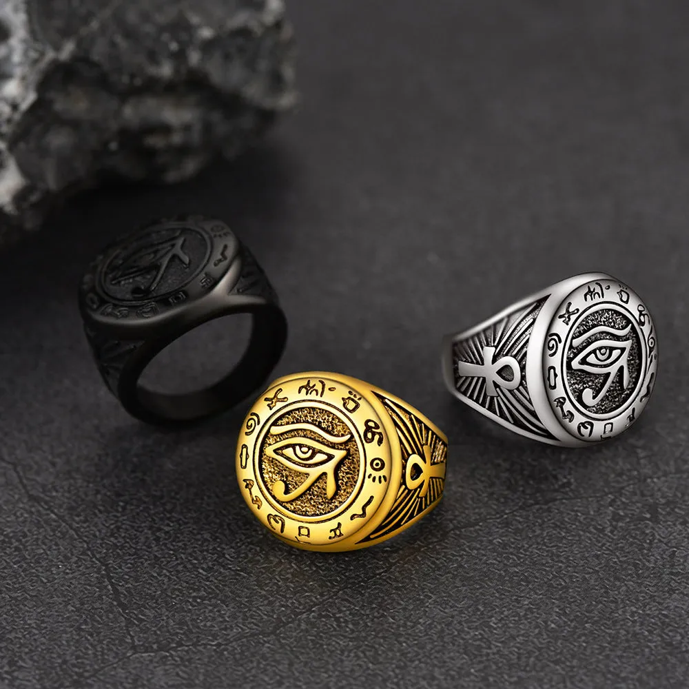 Egyptian Eye of Horus Signet Ring with Ankh Cross for Men