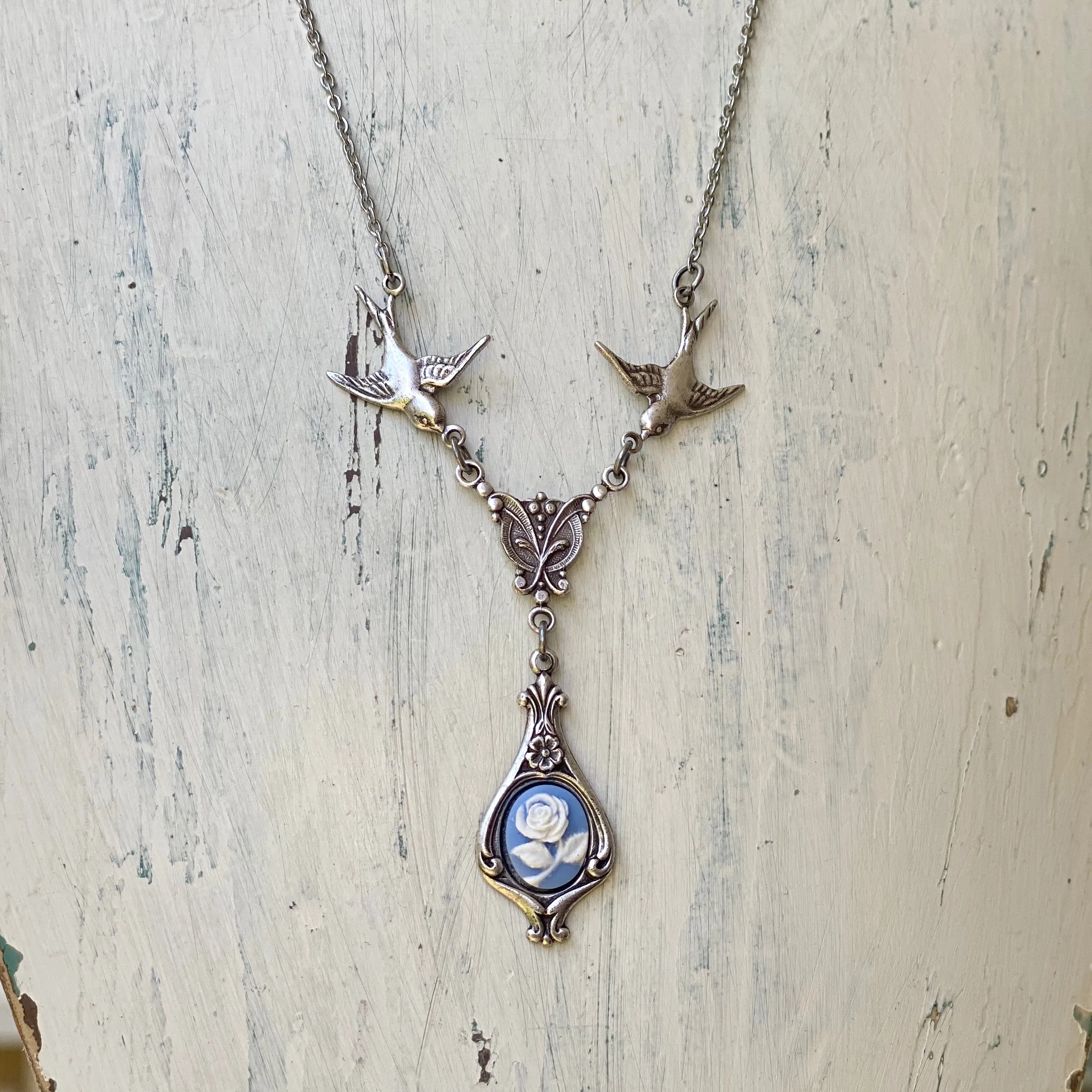 Elegant Victorian Rose Flower Cameo Necklace with Birds, Blue, Green, Pink, Black, Antiqued Silver or Antiqued Brass