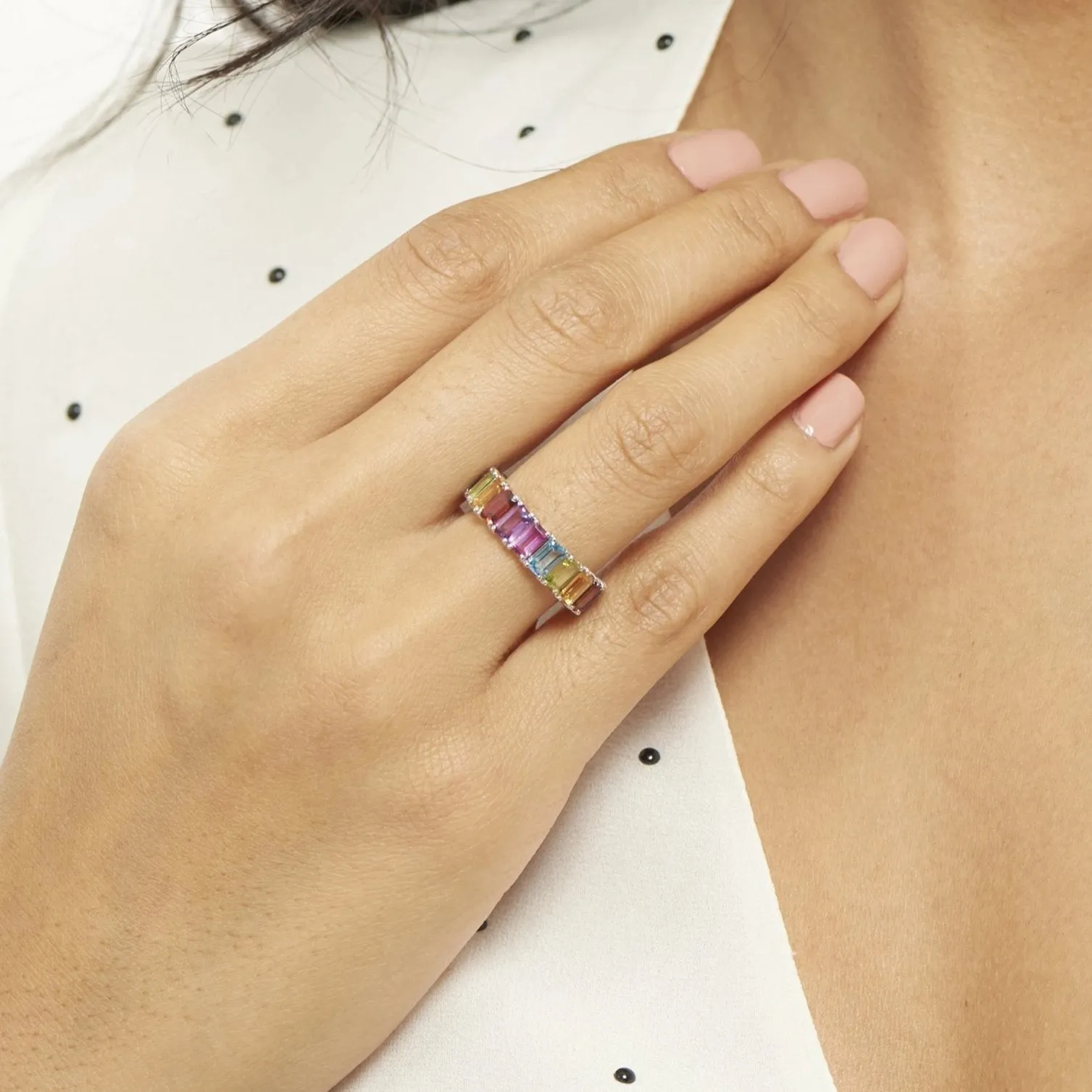 Emerald Cut Rainbow Gemstone Ring