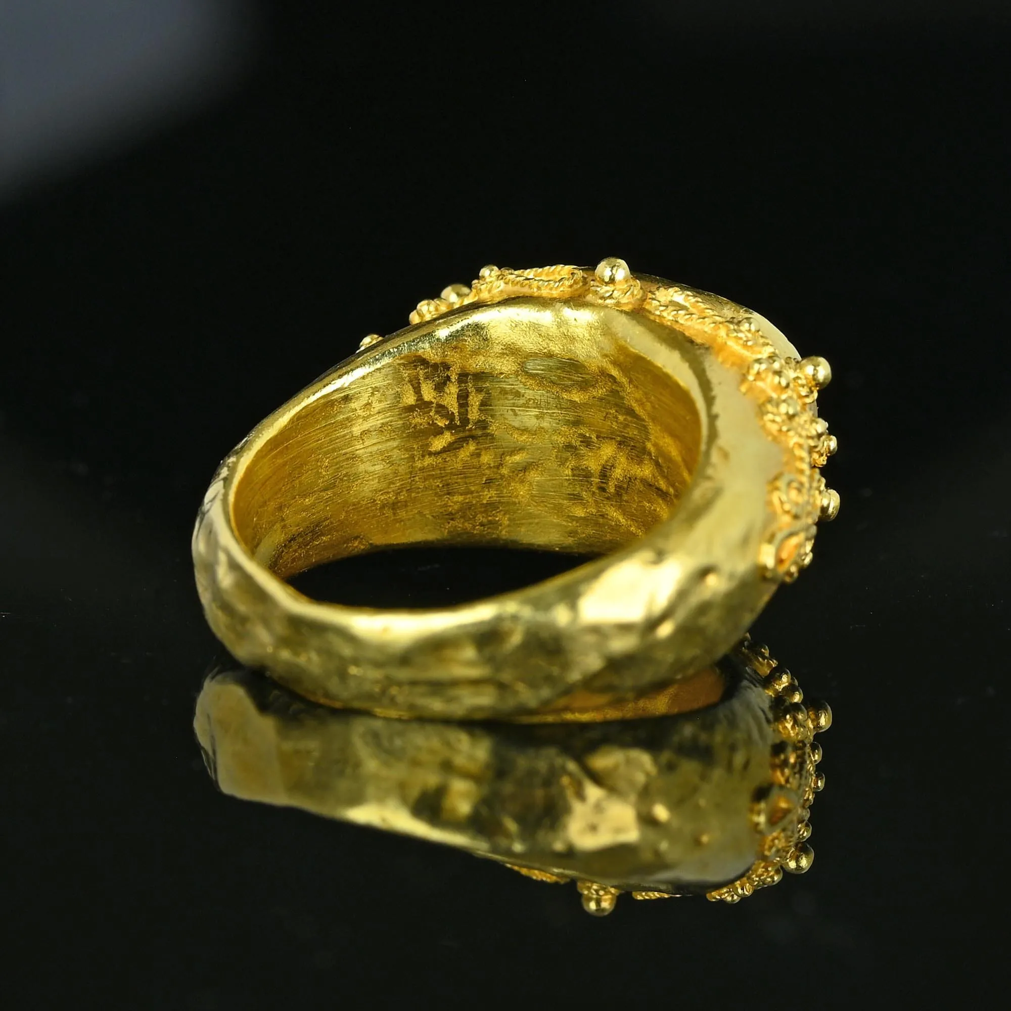 Etruscan 18K Gold East West Carnelian Signet Ring, Hammered Band