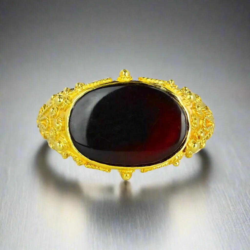 Etruscan 18K Gold East West Carnelian Signet Ring, Hammered Band