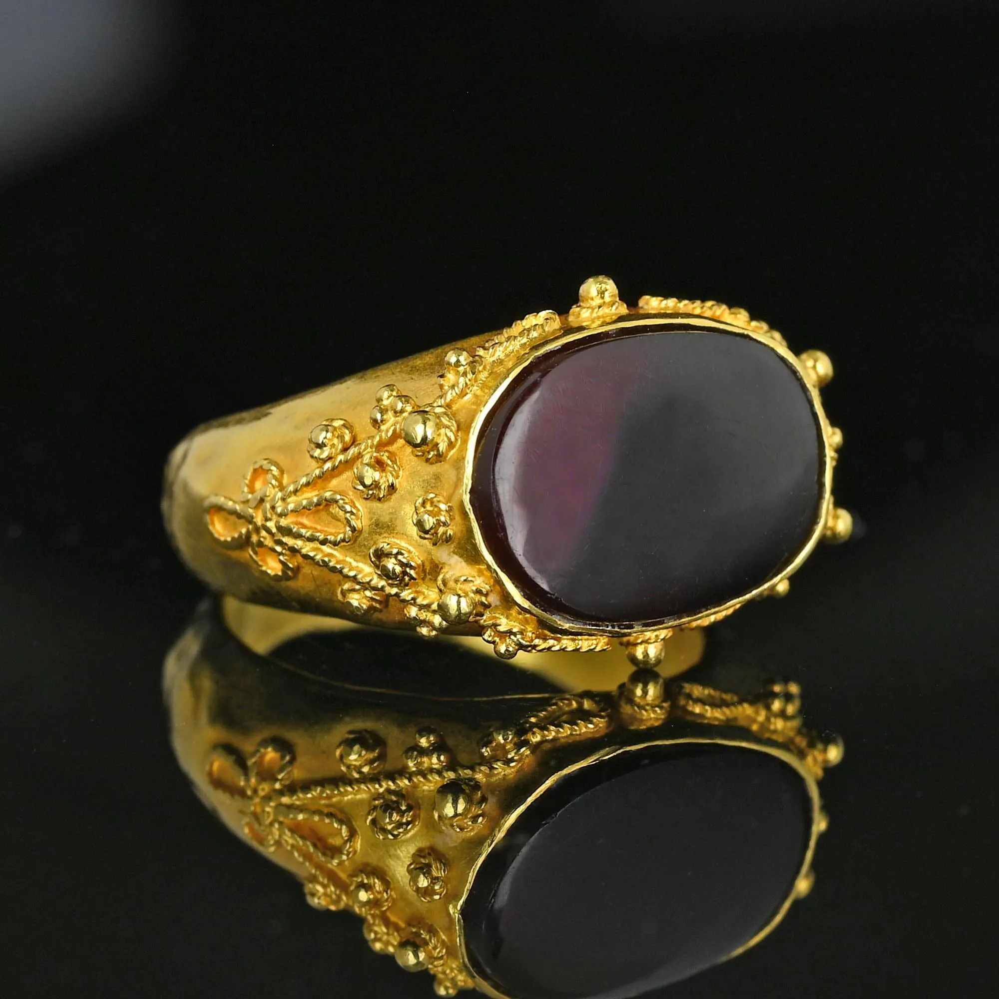 Etruscan 18K Gold East West Carnelian Signet Ring, Hammered Band