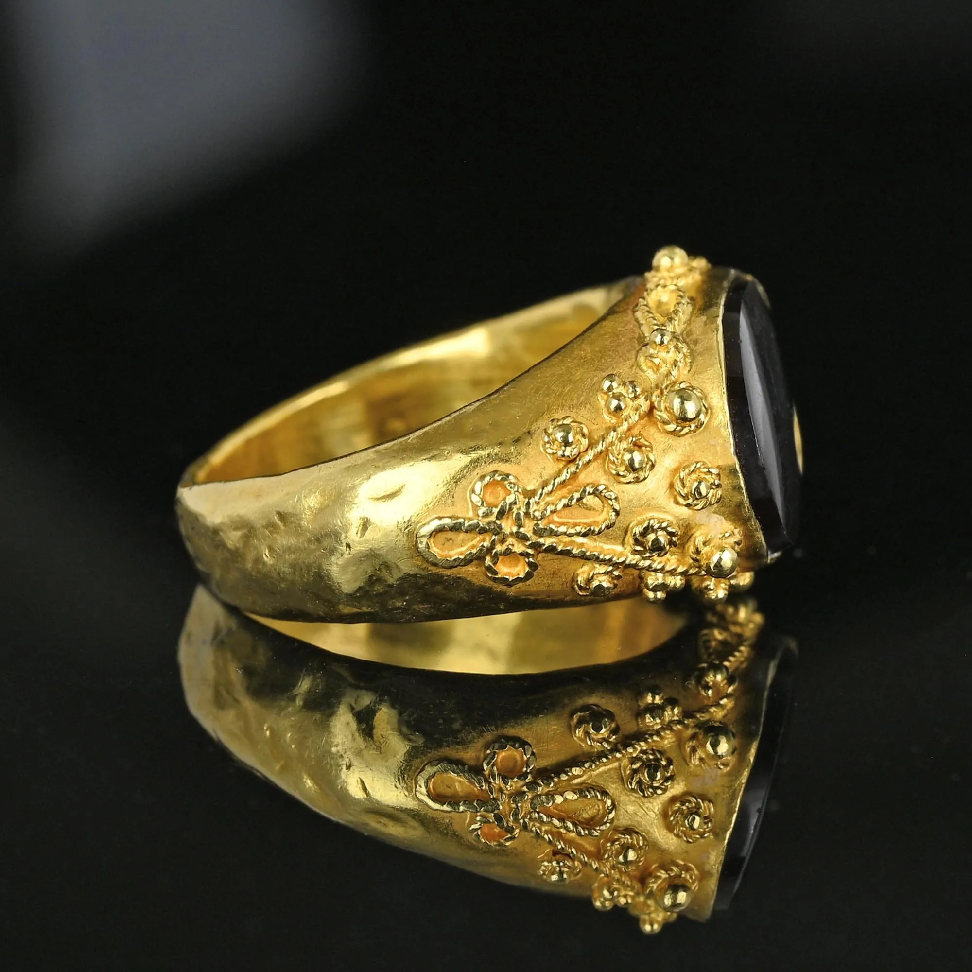 Etruscan 18K Gold East West Carnelian Signet Ring, Hammered Band