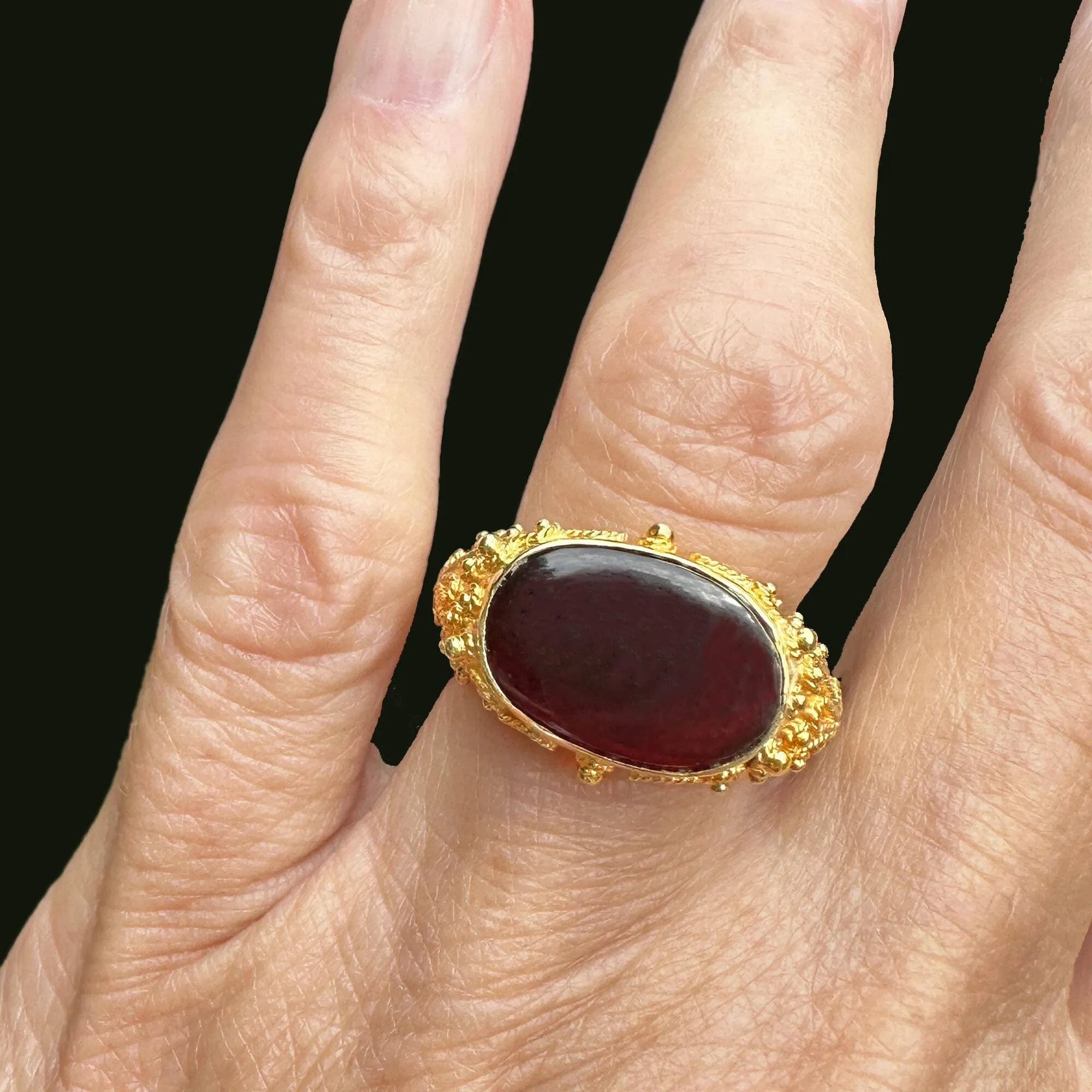 Etruscan 18K Gold East West Carnelian Signet Ring, Hammered Band