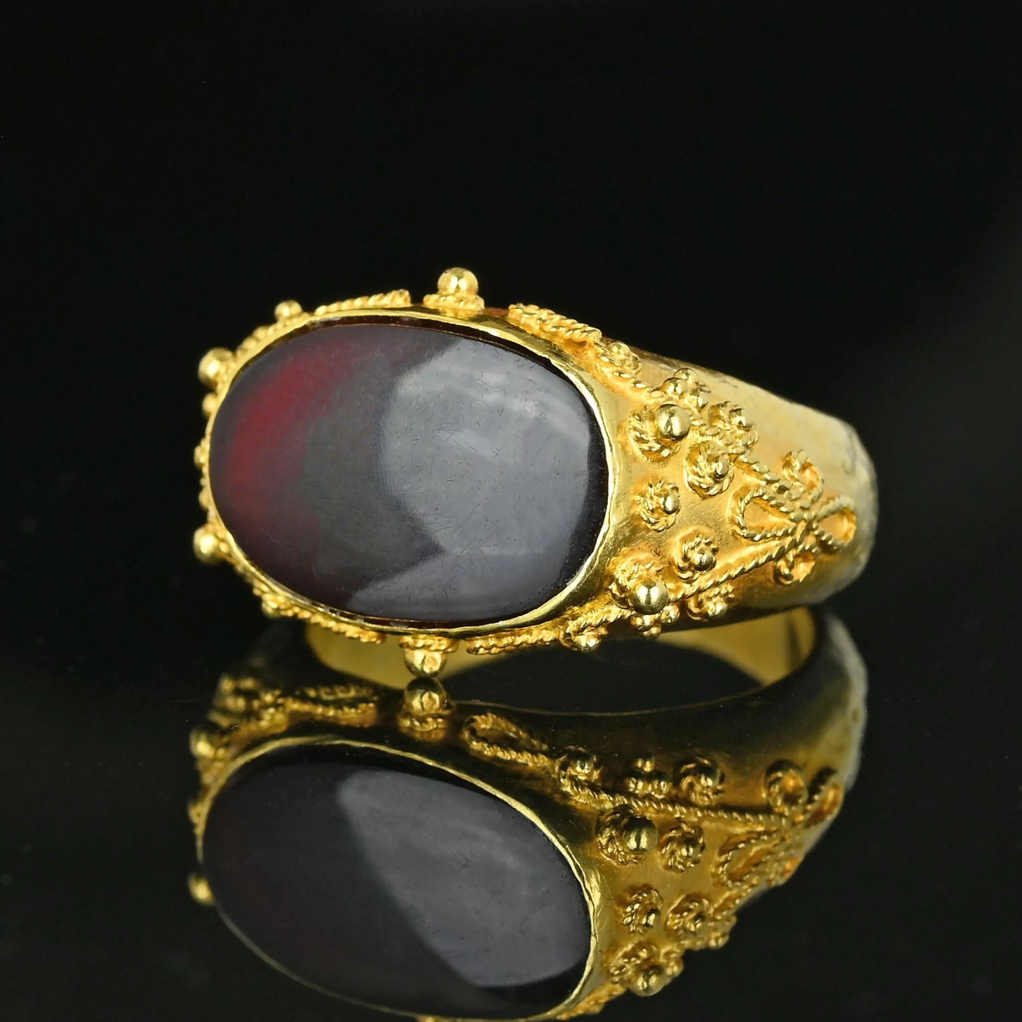 Etruscan 18K Gold East West Carnelian Signet Ring, Hammered Band