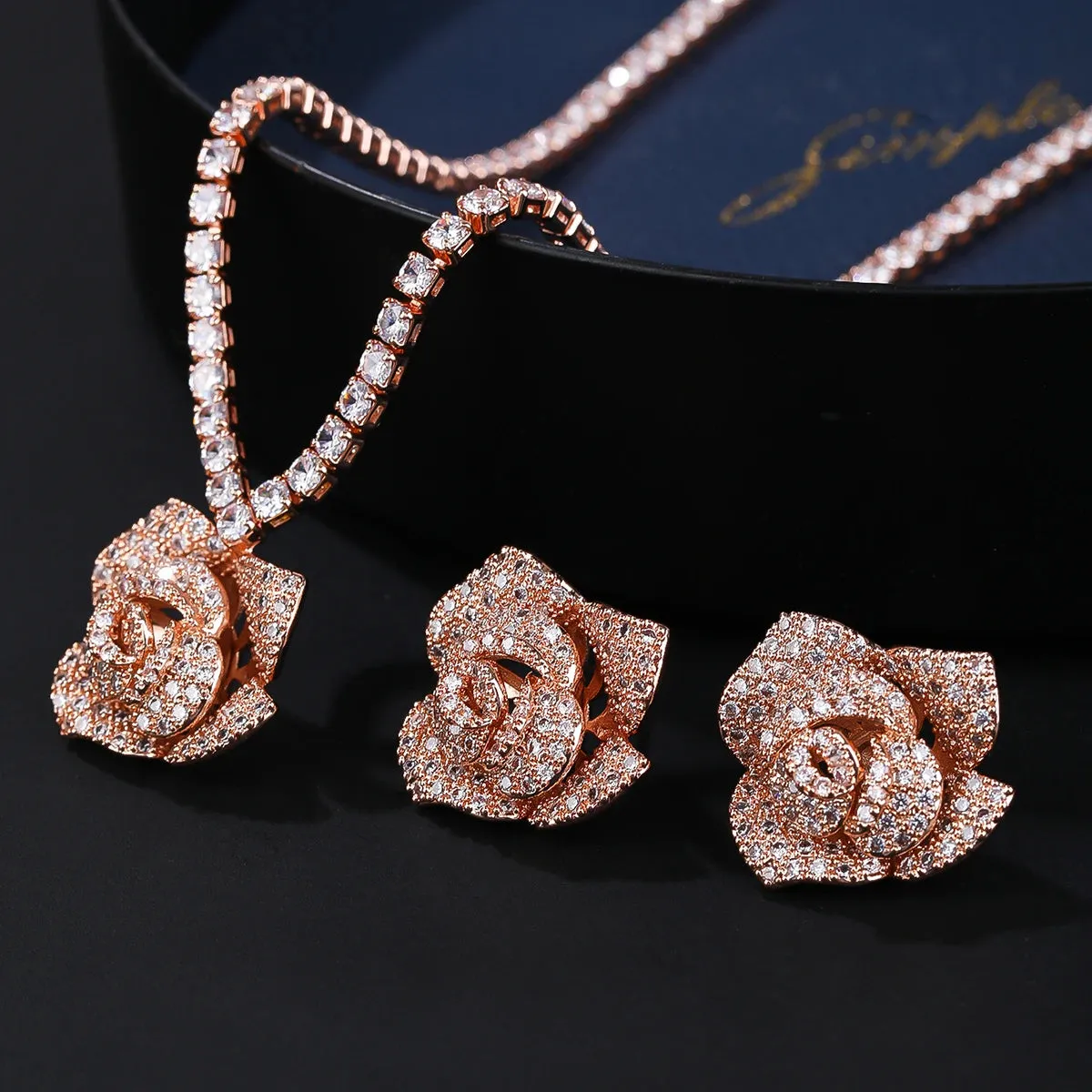Fashion CZ Cubic Zirconia Rose Flower Pendant  Necklace  Earrings Set Bridal Wedding Jewelry Sets for Women Gift CN10718