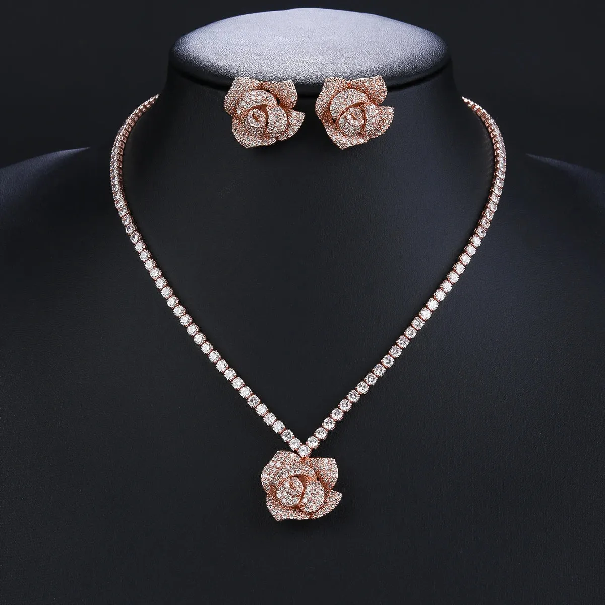 Fashion CZ Cubic Zirconia Rose Flower Pendant  Necklace  Earrings Set Bridal Wedding Jewelry Sets for Women Gift CN10718