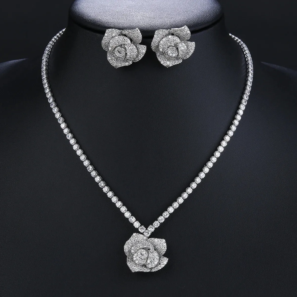 Fashion CZ Cubic Zirconia Rose Flower Pendant  Necklace  Earrings Set Bridal Wedding Jewelry Sets for Women Gift CN10718