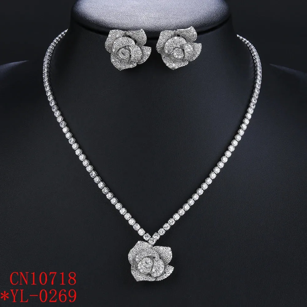 Fashion CZ Cubic Zirconia Rose Flower Pendant  Necklace  Earrings Set Bridal Wedding Jewelry Sets for Women Gift CN10718