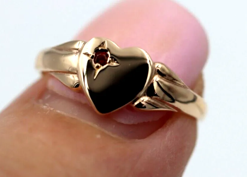 Genuine 9ct 9k Yellow, Rose or White Gold Heart Garnet Birthstone January Signet Ring