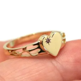 Genuine 9ct Yellow, Rose or White Gold 375 Amethyst (Birthstone Of February) Etched Heart Signet Ring
