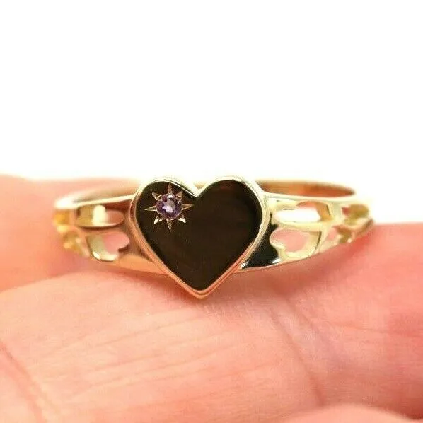Genuine 9ct Yellow, Rose or White Gold 375 Amethyst (Birthstone Of February) Etched Heart Signet Ring
