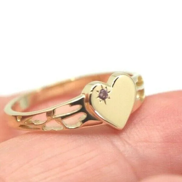 Genuine 9ct Yellow, Rose or White Gold 375 Amethyst (Birthstone Of February) Etched Heart Signet Ring