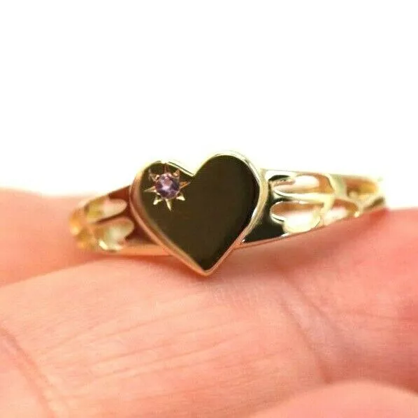 Genuine 9ct Yellow, Rose or White Gold 375 Amethyst (Birthstone Of February) Etched Heart Signet Ring