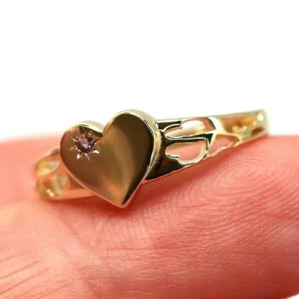Genuine 9ct Yellow, Rose or White Gold 375 Amethyst (Birthstone Of February) Etched Heart Signet Ring