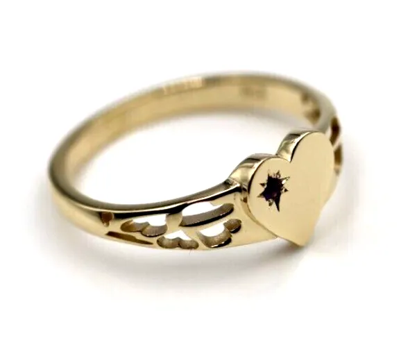 Genuine 9ct Yellow, Rose or White Gold 375 Amethyst (Birthstone Of February) Etched Heart Signet Ring