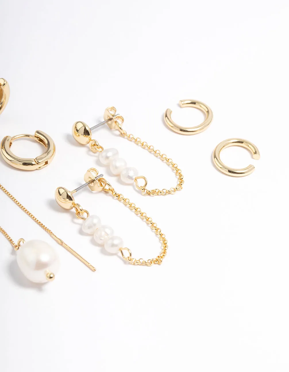 Gold Plated Freshwater Pearl Threader Huggie Earrings 4-Pack