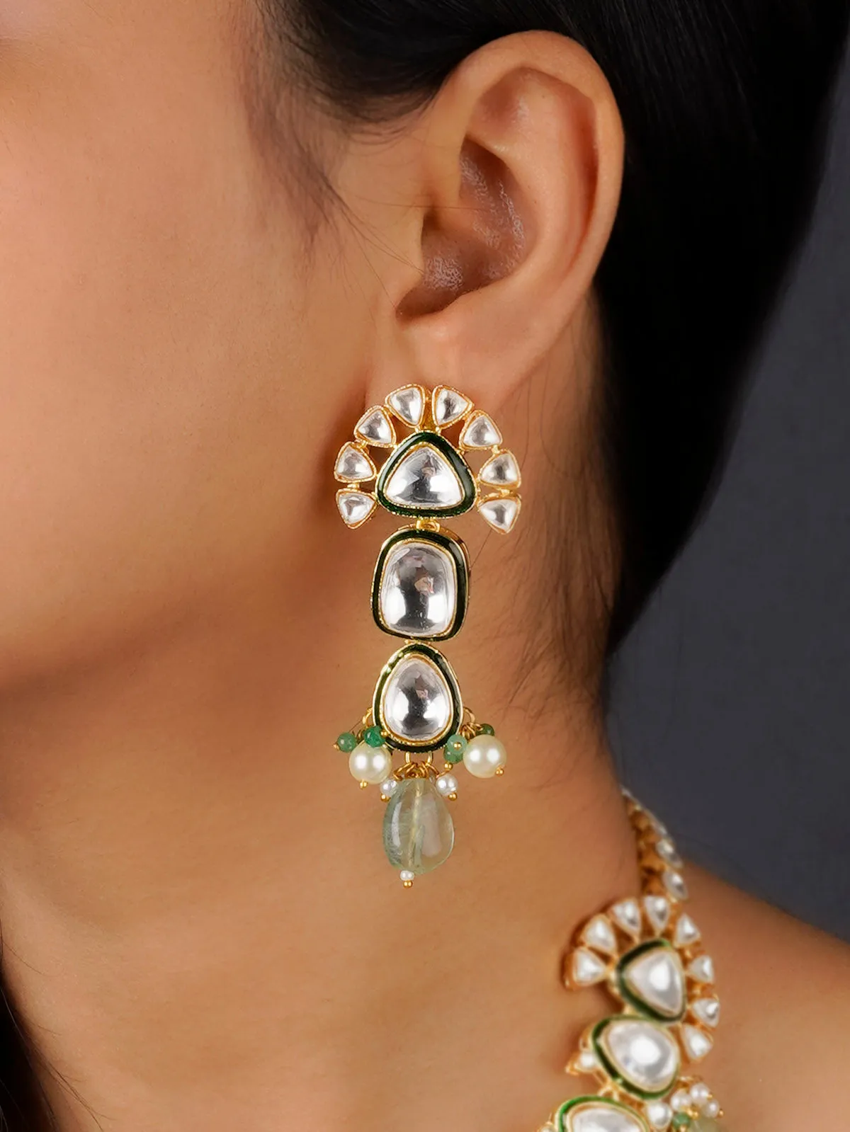 Green Color Gold Plated Faux Polki Necklace Set - PK-S58