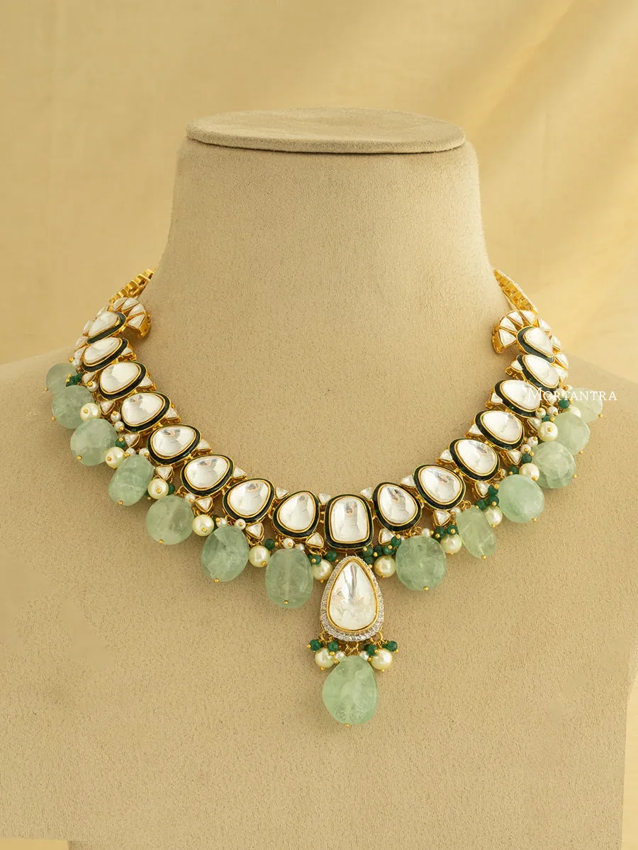 Green Color Gold Plated Faux Polki Necklace Set - PK-S58