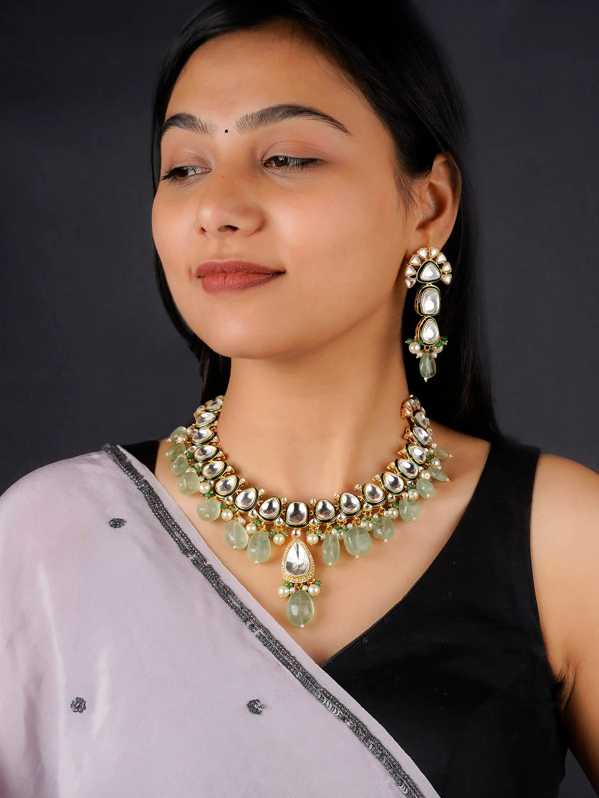 Green Color Gold Plated Faux Polki Necklace Set - PK-S58