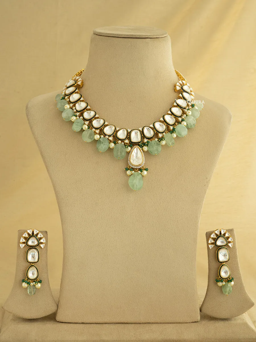 Green Color Gold Plated Faux Polki Necklace Set - PK-S58