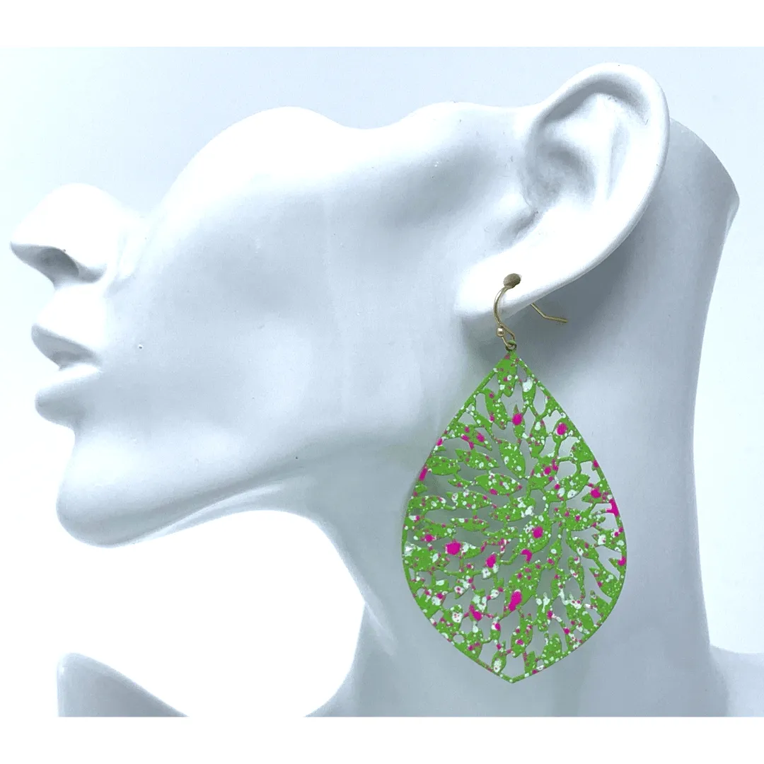 Green Filigree Teardrop Statement Earrings