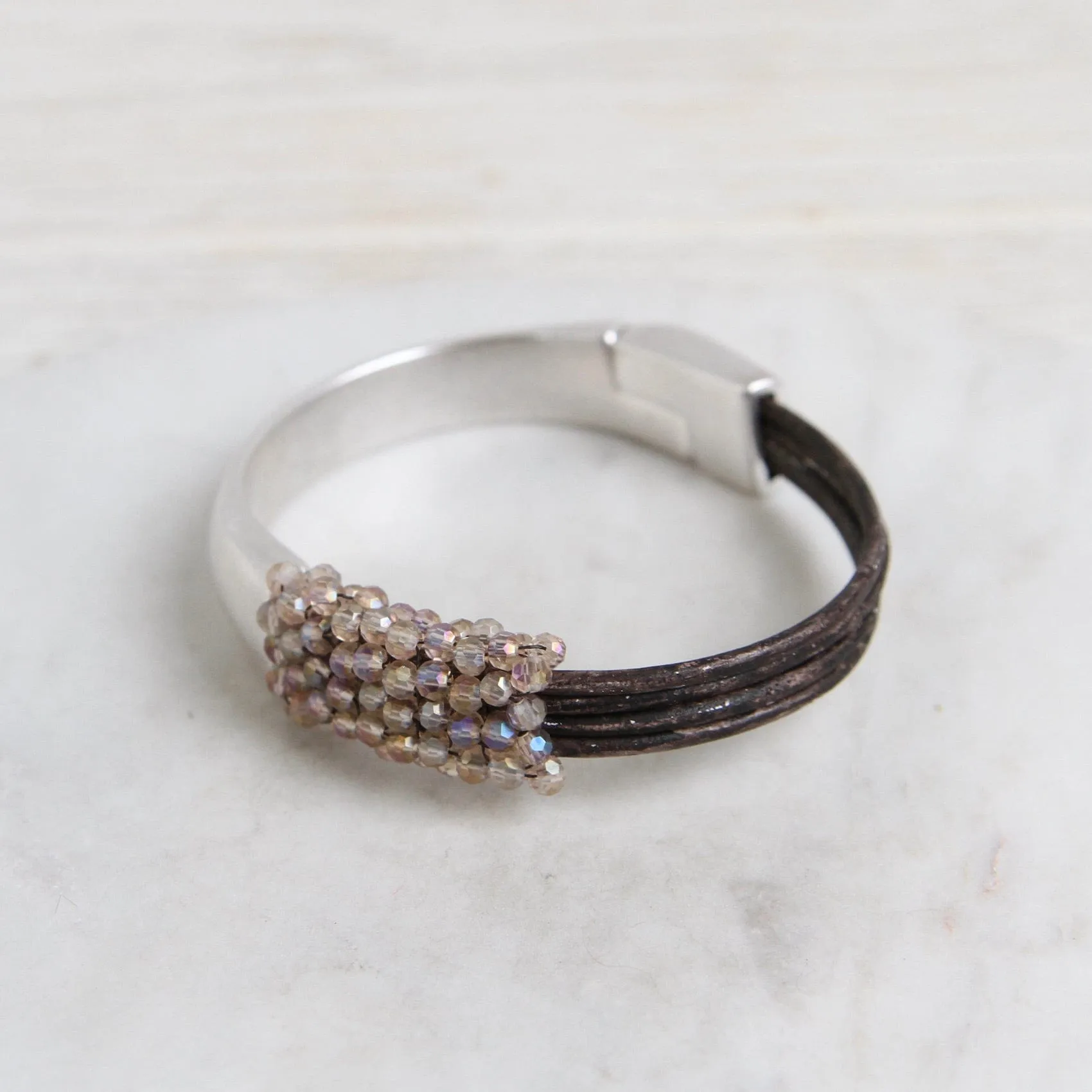 Hand Stitched Topaz-Color Crystal 1/2 Cuff Bracelet